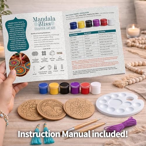 Image of Mind Pilot Dot Mandala Coaster Painting Kit for Adults | 4 Pre-Marked 4 inch + 2 Pre-Marked 7 inch MDF Coasters & Hangings | Lotus Stand | 6 Acrylic Paints, Dotting Tools & Brushes | DIY Home Decor & Return Gift | Beginner Friendly