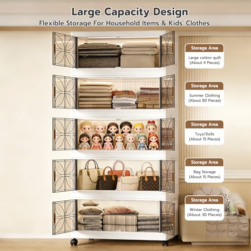 Image of uliance Foldable Plastic Wardrobe Organizer for Storage, Plastic Wardrobe Drawer Cabinet,Stackable Storage Cabinet with Wheels, Baby Cupboard for Clothes Storage（Transparent Black, 4 Tiers