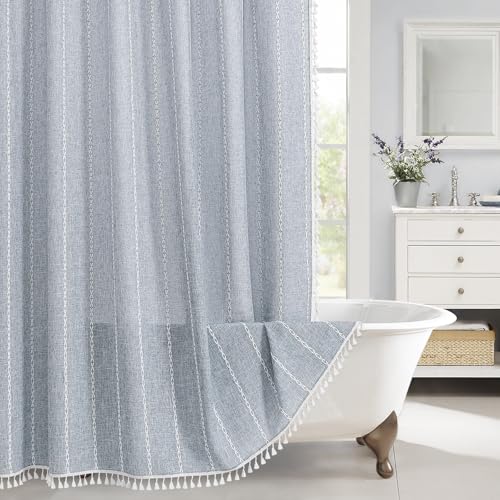 MitoVilla Blue Boho Fabric Shower Curtain Modern Farmhouse Polyester Linen Shower Curtains for Vintage Rustic Bathroom Decor Country Tassel Thick Cloth Shower Curtain 72 x 72