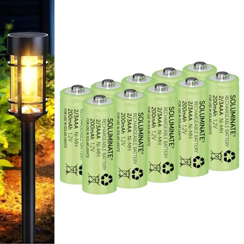 Soluminate Rechargeable 2/3AAA Solar Light Batteries for Garden Solar Lights Latest 1.2V NiMH Technology (2-3AAA, 2/3HR03, Two-Thirds-AAA 29.5mm x 10mm) [10-Pack]