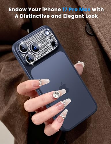 Image of Hoerrye Bling Diamond Camera Lens Protector for iPhone 17 Pro Max - [1:1 Full Coverage][Strong Adsorption] 9H+ Tempered Glass Screen Protective Cover Case Friendly,Glitter Blue