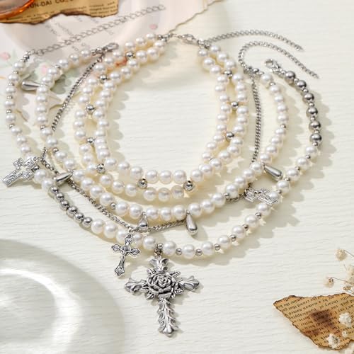 Layered Pearl Necklace Statement Y2k Pearl Cross Necklace Stacked Rhinestone Pearl Necklace for Women2
