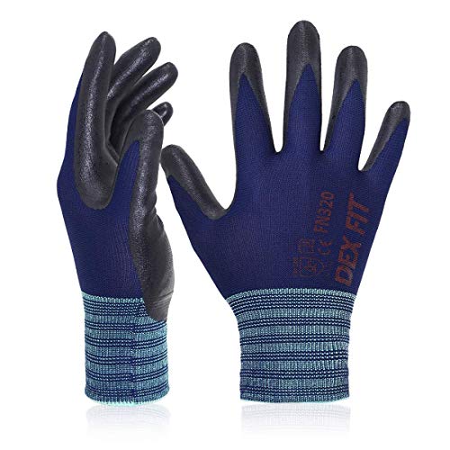 Image of DEX FIT Nitrile Work Gloves FN320, 3D Comfort Stretch Fit, Power Grip, Durable Foam Coated, Thin & Lightweight Premium Nylon, Machine Washable, Navy X-Small 3 Pairs
