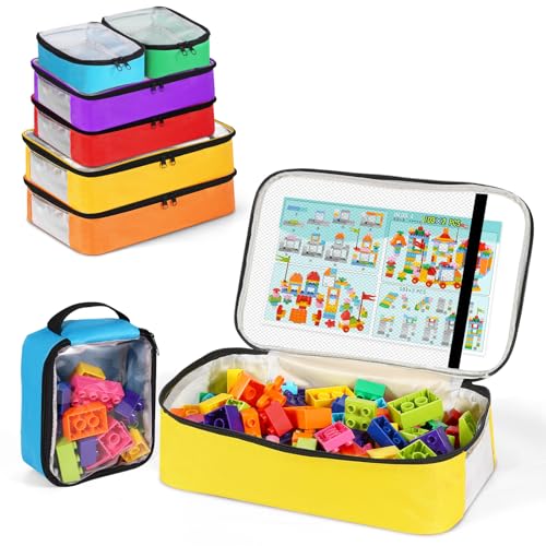 6 Pack Toy Storage Bags, Reusable Board Game Storage Bag with Visible Top, Label Slot, Manual Pocket&Handle, Travel Organizer Case for Bricks, Building Blocks, Puzzle, Car Toys, 3 Different Size