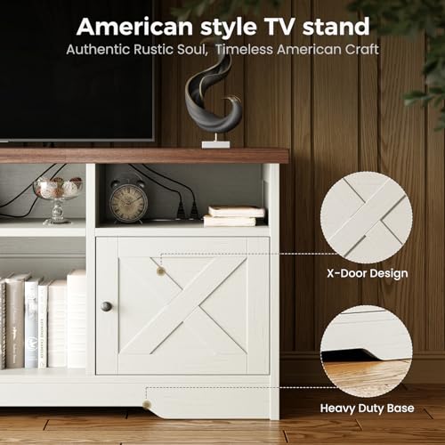 Casaottima TV Stand for 65 Inch TV, Farmhouse Entertainment Center with Power Outlet & LED Light and Storage Cabinets, Console Table and Media Furniture for Living Room Bedroom, White - Image 6