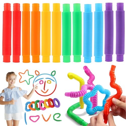 JYNVO Paquete de 12 tubos de colores elásticos para niños, juguetes sensoriales, juguetes antiestrés, manguera extensible, juguetes sensoriales para niños y adultos.