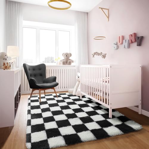 Image of KICMOR Area Rugs for Bedroom Living Room, 4x6 Black and White Fluffy Soft Checkered Rug Fuzzy Shag Shaggy Carpet, Indoor Plush Floor Rugs for Kids Boys Girls Teen Dorm Nursery Home Decor Aesthetic