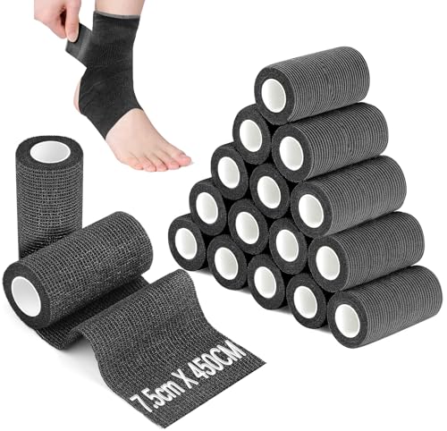 Ziamzra 16 Rollos Venda Cohesiva 7,5 cm x 4,5 m Tape Crossfit Negro Vendaje Autoadhesivo Respirable Cinta Cohesiva Esparadrapo Deportivo Tape Vendaje Deportivo para Muñeca Brazos Tobillos Pies