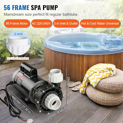 Image of VEVOR 2 Speed SPA Pump, 56-Frame, AC 220V Hot Tub SPA Pump, 4 HP / 210 GPM / 65.61 ft High Speed or 0.7 HP / 103 GPM / 16.07 ft Low Speed, 2'' Port 90 Rotational Interface for Hot Tub