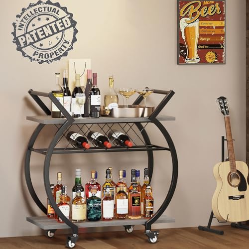 Image of LVB Bar Carts for the Home, Industrial Wine Cart with Storage, Grey Oak