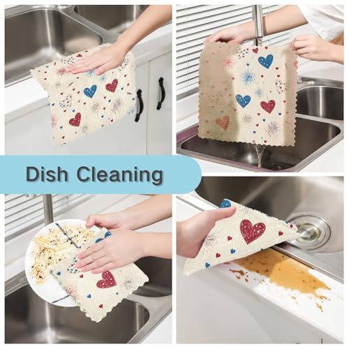 Image of Cotton Kitchen Dish Cloths, Blue Hearts with Fireworks Pattern Ultra Soft Absorbent Quick Drying Dish Towels, 11 x 11 Inches, 6-Pack, Reusable Cleaning Cloths