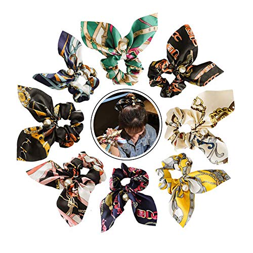 SHANGXING 8 Pcs Bow Scrunchies Hair Scrunchies Silk Bowknot Pearls Hair Ties Elastic Hair Bands Types for Women Girls Hair Accessories (Pearls Hair Scrunchies)
