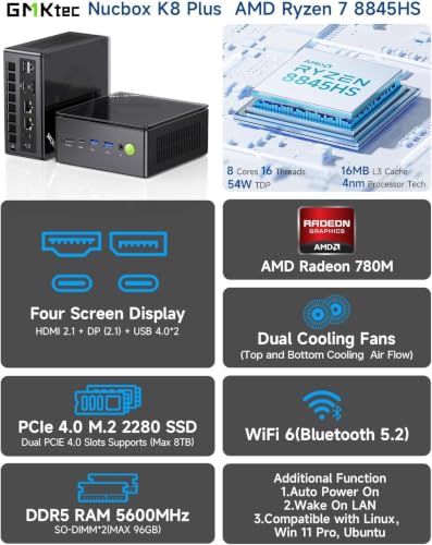 Image of GMKtec K8 Plus Gaming Mini PC AMD Ryzen 7 8845HS 32GB Dual DDR5 512GB SSD | Oculink Desktop Computers Dual i226V 2.5G LAN, AMD Radeon 780M USB-C 4 *2, HDMI 2.1 DP2.1 Quad 8K Display