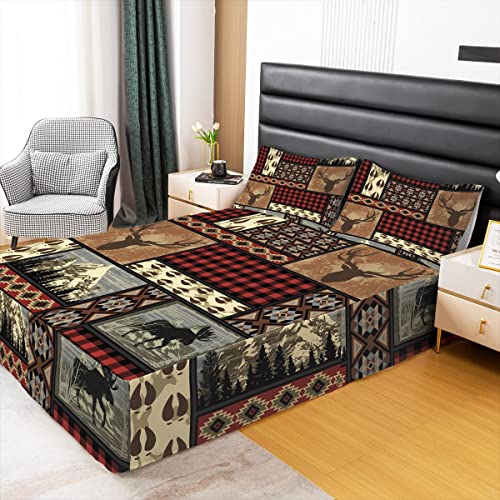 Elk Deer Bed Skirt Vintage Western Bed Skirts King,Retro Red And Black Grid Plaid Bedding Decor Southwestern Aztec Patchwork Bedskirt Buffalo Plaid Decor,Geometric Lattice Room Decor #TOP1