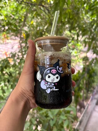 Image of THE UMBRELLA STORE Glass Tumbler Bamboo Lid and Straw, Coffee Tumbler, Reusable Glass (Kuromi)