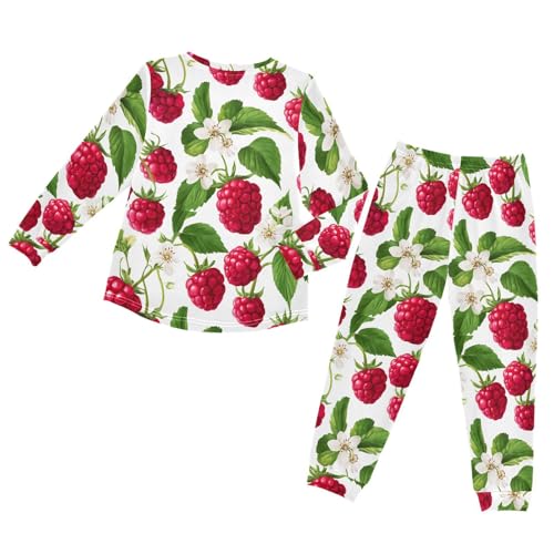 Raspberry Flower Leaf Pattern Soft Pajama Set for All Seasons,Breathable Pjs Long Sleeve Sleepwear,Comfy Loungewear 2 Piece Underwear Set 5T2