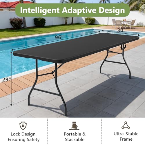 Image of Folding Table, 8FT Foldable Picnic Table with Carrying Handle, Heavy Duty Fold-in-Half Portable Table for Weddings, Camping, RV Travel, Parties, BBQs, and Indoor Use, Easy to Fold and Store