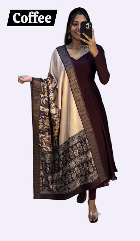 Image of Women's Ethnic Anarkali Kurta Set | Premium Vichitra Silk Gown with Printed Mayura Silk Kalamkari Dupatta Brown