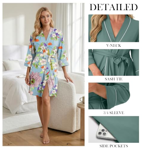 Image of PrinStory Womens Robe Knee Length Soft Knit Bathrobe S-2XL | V-Neck 3 /4 Sleeve Robes with Pockets, Lightweight, Breathable Bath Robe for Shower, Spa, Travel, Home, Party, Nursing
