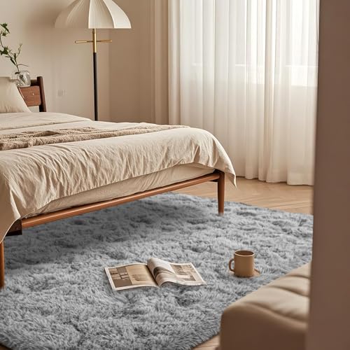 Grey Rugs for Bedroom 3x5 ft - Ultra Soft Faux Fur Area Rug - Plush Non-Slip Shaggy Carpet for Living Room, Cozy Fluffy Rug for Kids Boys Girls Dorm Nursery Room, High Pile Floor Carpet