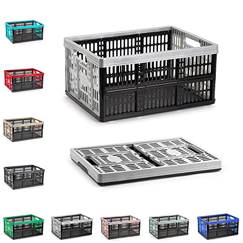 Multi-Purpose Strong Folding Collapsible Plastic Storage Boxes Crates Portable Stackable Container Basket for Home Office Garage Tools, Soft-Touch Handles (Black & Silver - 32L)