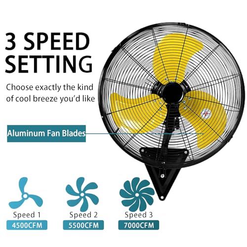Image of AZOUTDOOR 20 inch Wall Mount Fan, 7000 CFM High Velocity Industrial Wall Fan with 3-Speed Setting, 120 Oscillating Mounted Fans for Warehouse, Workshop, Garage, Patios, Commercial Use ETL Listed, Yellow