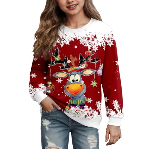Girls Christmas Sweatshirt Kids Funny Ugly Print Shirt Xmas Long Sleeve Crewneck Sweater Tops Christmas Outfit 2-14 Years
