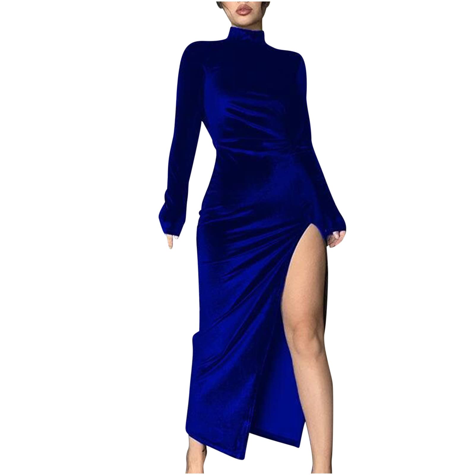 Robe vintage en velours avec col en V et col roulé - Manches longues - Robe de soirée moulante - Robe de bal élégante et rétro, 1056-Bleu, XL