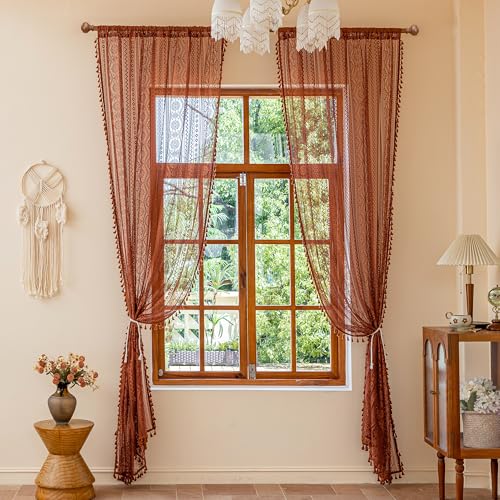 Image of MYSKY HOME Terracotta Boho Lace Sheer Curtains 63 inch Length 2 Panels Burnt Orange Floral Vintage Bohemian Crochet Geometry Light Filtering Privacy Curtains with Tassels for Home Decor, 55 inch Wide