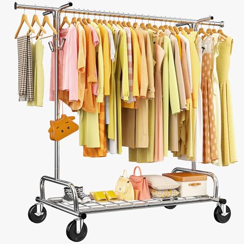 Raybee Clothing Rack,440LBS Heavy Duty Clothes Rack with Shelf and Hooks Adjustable Rolling Clothes Rack Portable Garment Rack, Chrome
