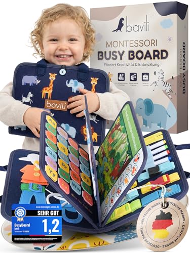 bavili - Montessori Busy Board ab 3 Jahre - 8 interaktive Seiten mit Deutschen Inhalten - Montessori Spielzeug Activity Board Quiet Book - Lernspielzeug für Auto und Flugzeug - fördert Motorik