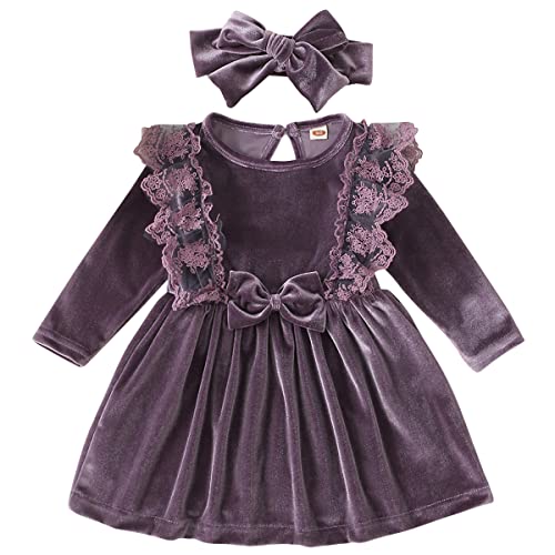 Image of Vintage Princess Toddler Baby Girl Long Sleeve Velvet Ruffle Tutu Lace Dress Xmas Wedding Birthday Party Fall Winter Clothes