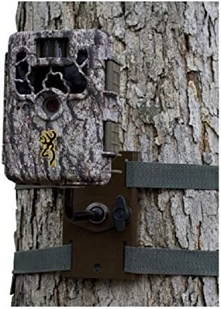 Browning trail camera mounted on a tree using the steel gimbal tree mount.