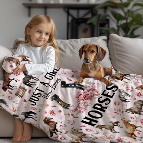 Horse Blanket for Girls Women,Just A Girl Who Loves Horses Flannel Blanket Gifts,Ultra Soft Pink Flowers Throw Decor for Bed Couch Living Room，40"x50"-Kids/Throw Size - image 3