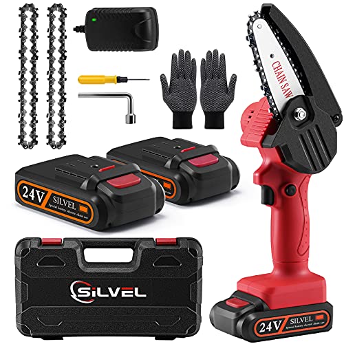 Mini Chainsaw - 4 Inch 21V Mini Chainsaw Cordless, Portable Hand Chainsaw with 2 Batteries and 2 Chain, Electric Pruning Saw for Tree Trimming, Garden Pruning, Branch Wood Cutting (Mini Chainsaw)