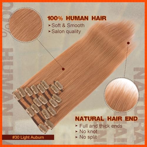 Image of Benehair Clip on Hair Extensions Real Human Hair Auburn Hair Extensions Clip in Human Hair Long Straight Remy Natural Full Head 8pcs Real Hair for Women 18inch #30 Light Auburn