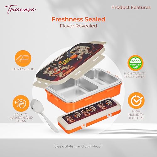 Image of Trueware Pluto Lunch Box 2 Compartment Leak-Proof BPA Free Stainless Steel, Lunch Box for Kids, Lunch Box for School & Office with a Spoon, 580 ML
