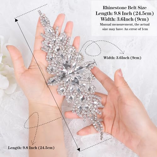 DUOBAO Crystal Rhinestone Applique Silver Wedding Sash Bridal Belts Pearl Appliques Handmade Rhinestones Belt With two 300cm Ribbons for Prom Bridesmaid Dress(9.8INx3.6IN/24.5cm x 9cm)3