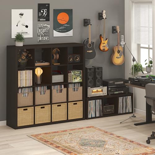 Image of Furinno Cubicle Record Player Stand, 3-Cube Record Storage, Dark Oak | Vinyl Storage, 1.2 inchInch Extra Thick, Open Back Media Shelf for CD DVD Bluray Game Disc, for Living Room, Home Office