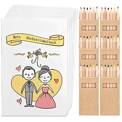 6 Hochzeitsmalbücher für Kinder mit 36 Buntstiften Kinderbeschäftigung zur Hochzeit Perfekte Gastgeschenke & Hochzeitsdeko für die kleinen Gäste