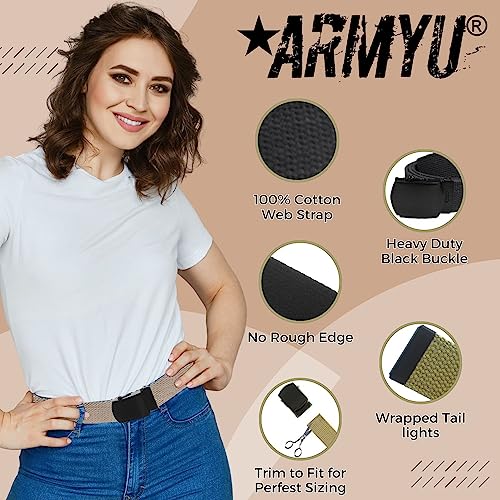 ARMYU Military Web Belt Reversible Cotton Canvas Army Camo & Solid Belts with Black Buckle 54"4