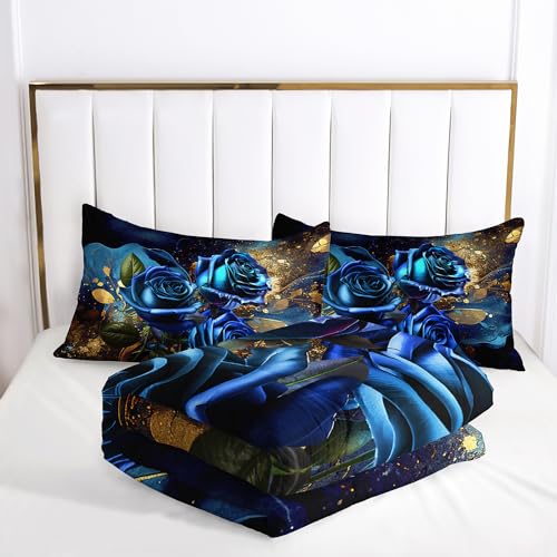 Image of AILONEN 3D Rose Bedding Queen Set, Floral Comforter, 3 Pieces Including Blue Rose Quilt and Pillowcases