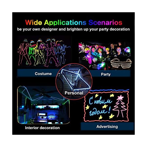 Maxlax el wire 5 pack, 9ft neon light wire noise reduction with battery pack(green, blue, red, white, pink)… - image 4