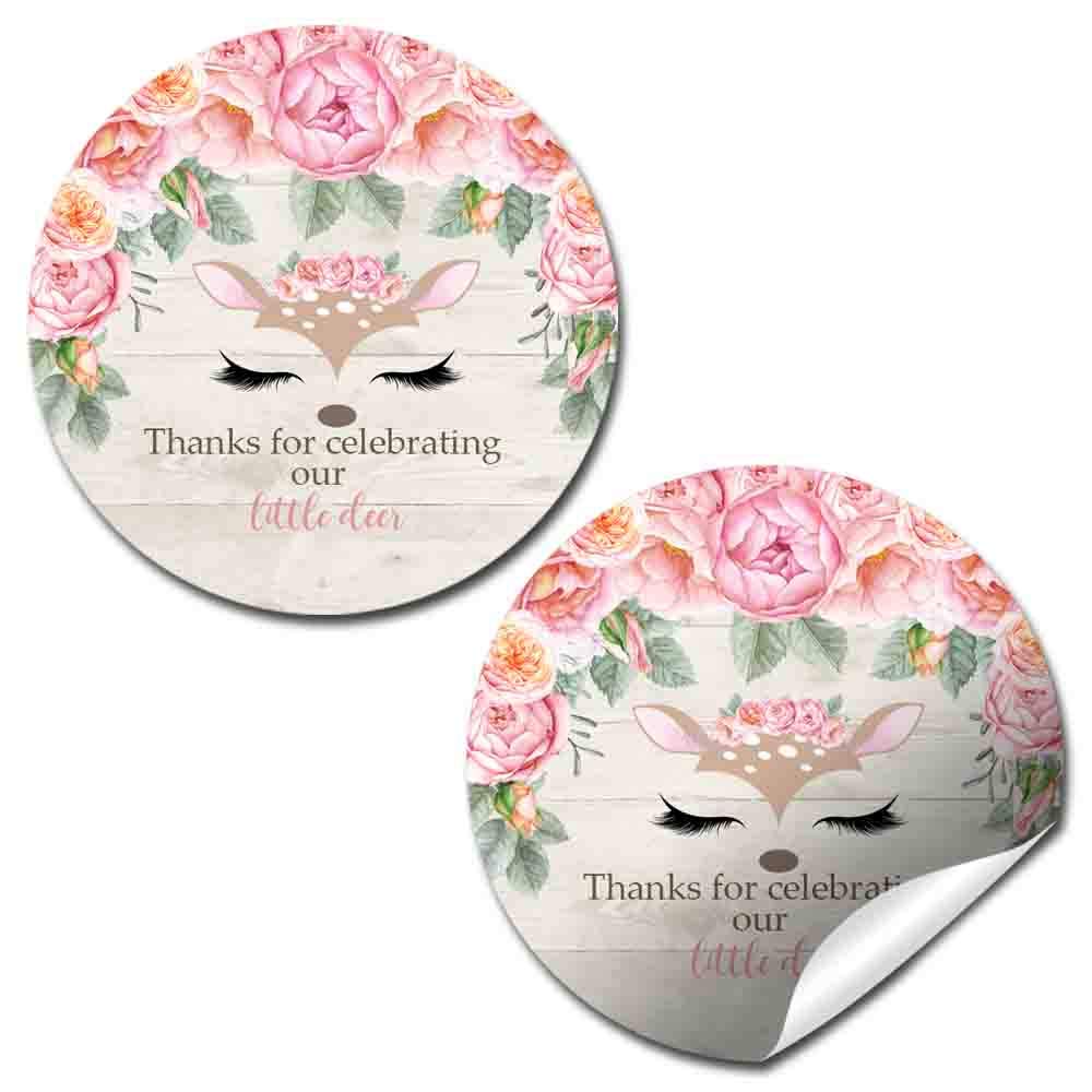 Deer Face Watercolor Floral Little Deer Thank You Sticker Labels for Girls, 40 2" Party Circle Stickers by AmandaCreation, Great for Party Favors,