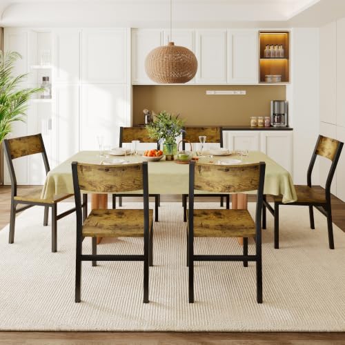 Image of Feonase Dining Chairs Set of 6, Modern Kitchen Chairs with Ergonomic Backrest, MDF Board and Metal Legs, Dinner Chairs for Dining Room, Kitchen and Living Room, Rustic Brown