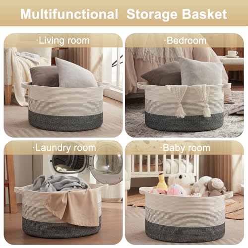 OIAHOMY 90L Extra Large Blanket Basket - Decorative Cotton Rope Storage Basket for Bedroom, Living Room & Nursery - Woven Laundry Hamper for Organizing Blankets, Clothes & Toys - Black and White by OIAHOMY - Image 4