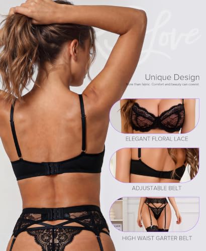 Image of RSLOVE Lingerie Set for Women Sexy - Corset And Panty Outfits 3 Piece Lace Push Up Underwire with Garter Lingerie