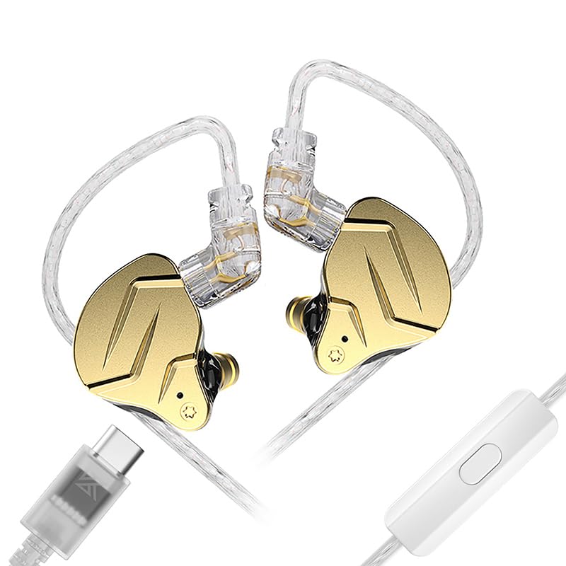 Yinyoo KZ ZSN PROX USBC Écouteurs de gaming iem (avec micro, doré) | Écouteurs intra-auriculaires avec technologie hybride 1DD 1BA avec armature équilibrée et suppression du bruit pour Android