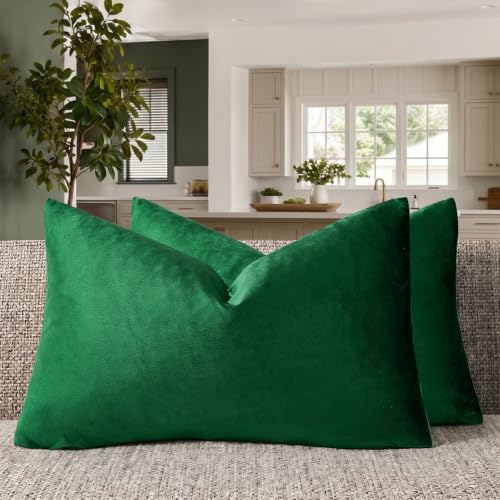 Image of GIGIZAZA Decorative Small Lumbar Pillow Covers,Cushion Covers Velvet Green Pillows,Sofa Throw 12 X 20 Pillow Covers (Forest Green, 12 x 20- Set of 2)