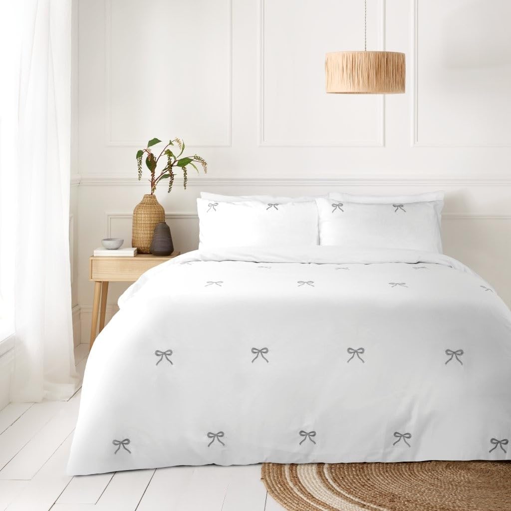 BLOOM BLENDS Hearts and Bows Embroidered Duvet Cover Set – White Bedding with Charcoal and Pink Heart Detail – Soft, Stylish & Romantic Design (Bow Grey, King) — image 1